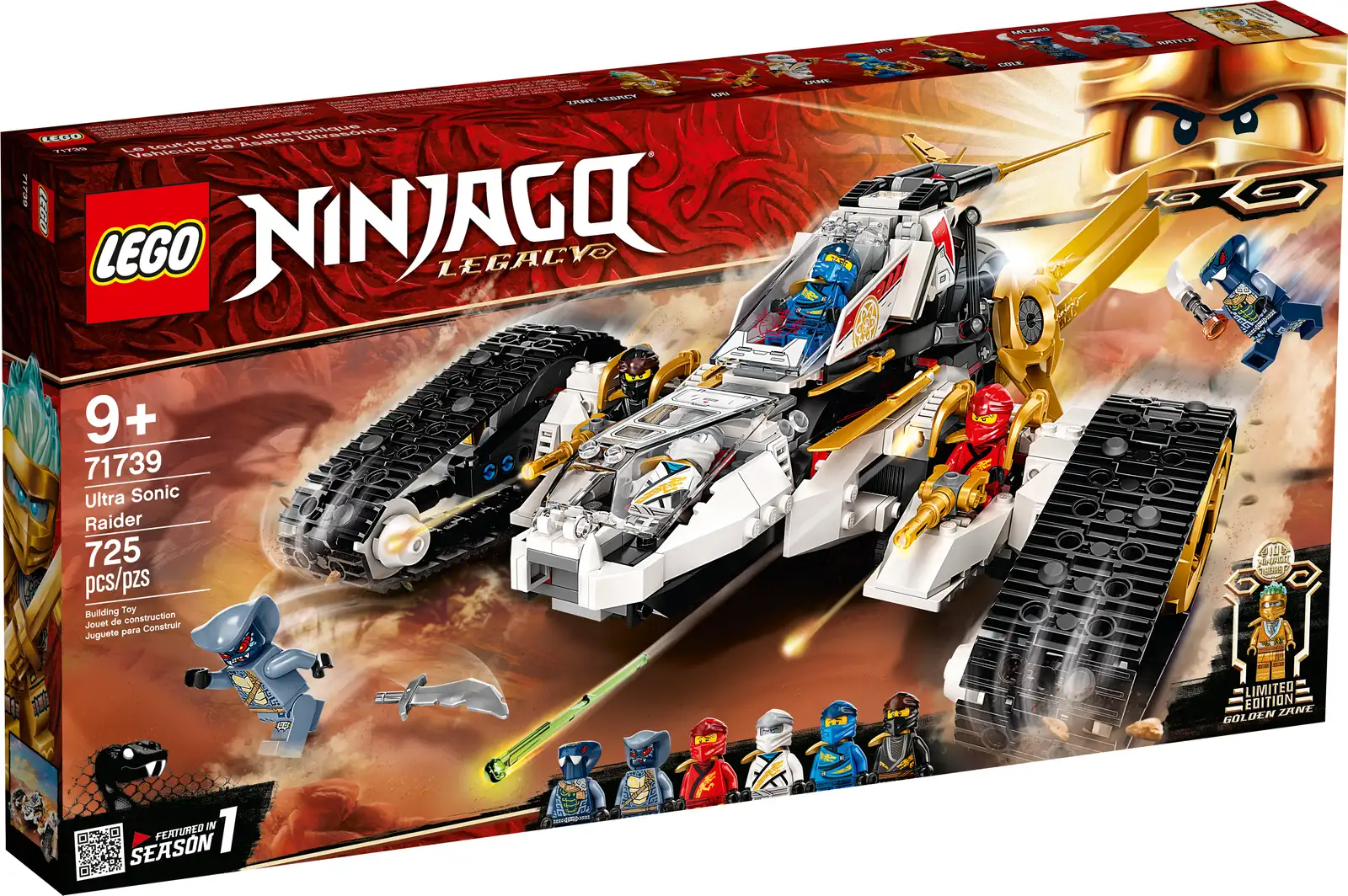 Kids can stage stunning adventures from season 1 of the LEGO® NINJAGO® TV series with this modern update of the Ultra Sonic Raider (71739). The 4-in-1 vehicle can be taken apart to create a separate motorcycle toy, jet plane with spring-loaded shooters and 2 all-terrain vehicles. Toys that let kids fulfil their passion for ninja role play This unique playset includes 7 minifigures: ninjas Kai, Zane, Cole and Jay, plus snake soldiers Mezmo and Rattla from the Hypnobrai tribe, giving kids allthey need to stage gripping battles. New for June 2021, there is also a never-seen-before Zane Legacy golden collectible minifigure with a stand to celebrate 10 years of NINJAGO toys. Fantastic LEGO sets for creative play LEGO NINJAGO playsets transport kids to a world of fun-filled adventure. There they can join their brave heroes to take on the forces of evil as they play with an amazing collection of cool toys including dragons, mechs and so much more. LEGO® NINJAGO® Ultra Sonic Raider (71739) is a unique 4-in-1 ninja vehicle that separates into a jet plane, a motorcycle toy and 2 all-terrain vehicles, so the fun never stops. Action-packed playset includes 7 minifigures: ninjas Kai, Cole, Zane, Jay and Zane Legacy to take on snake soldiers Rattla and Mezmo from season 1 of the NINJAGO® TV series. Kids have the exciting choice to fly the jet plane with spring-loaded shooters or drive the motorcycle toy or 2 all-terrain vehicles. There is space in each of the 4 vehicles for a ninja minifigure. Includes a golden Zane Legacy collectible minifigure with a small stand to celebrate the 10th anniversary of NINJAGO® toys. Look out for more special golden minifigures in 5 other NINJAGO® sets including Tournament of Elements (71735), Boulder Blaster (71736), Fire Dragon Attack (71753) and X-1 Ninja Charger (71737). This battle toy playset for ages 9 and up offers creative kids a truly enriching building task and makes a great birthday or holiday gift. The Ultra Sonic Raider measures over 5.5 in. (14 cm) high, 13 in. (33 cm) long and 10.5 in. (27 cm) wide – just the right size to play out stories at home or for fun on the go. The LEGO® NINJAGO® range has an extensive collection of action-packed playsets to fuel your kid’s passions and lets them learn the positive ninja values of bravery, honesty and friendship. For more than 6 decades LEGO® bricks have been made from high-quality materials to ensure they consistently connect and pull apart – ninja skills not needed! LEGO® building bricks meet rigorous safety standards, ensuring your kids are in safe hands with LEGO playsets.