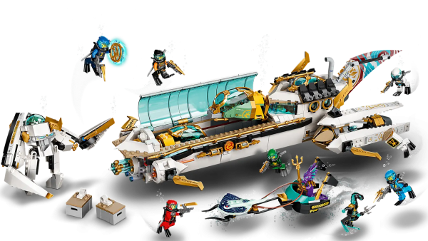 Kids can enjoy all-action battles at the bottom of the sea with this brilliantly detailed LEGO® NINJAGO® Hydro Bounty (71756) playset. The underwater vehicle comes with 10 minifigures and is crammed with cool features – 2 spring-loaded shooters, an opening cockpit, folding wings, a detachable mech and 2 mini submarines, all to fuel the imaginations of young ninja fans! Premium NINJAGO playset This underwater playset features an impressive 10 minifigures: Scuba Kai, Scuba Nya, Scuba Zane, Scuba Jay, Scuba Cole and Scuba Lloyd, all with flippers, diving gear and weapons to fight the villainous quartet of Prince Kalmaar, a Maaray Guard and 2 Wu Bots. Imaginative and fun-filled building sets for kids NINJAGO toys transport kids to a world of immersive fantasy action. Young builders can enjoy assembling these unique toys before diving into awesome adventures with their ninja heroes as they battle a cast of their enemies while playing with an amazing collection of jets, dragons and mechs. LEGO® NINJAGO® Hydro Bounty (71756) is an action-packed submarine playset with exciting features for ninja fans to stage gripping stories under the sea. Includes 10 minifigures from the NINJAGO®: Seabound TV series: Scuba Kai, Scuba Cole, Scuba Jay, Scuba Lloyd, Scuba Zane and Scuba Nya, Prince Kalmaar, a Maaray Guard and 2 Wu Bots. The Hydro Bounty has 2 spring-loaded shooters, 2 folding wings, an opening cockpit and a detachable mech, and it carries 2 cool mini submarines. This 1,159-piece submarine toy for ages 9 and up makes a great birthday or holiday gift they will be proud to take on playdates to wow their friends. The Hydro Bounty measures over 6 in. (15 cm) tall, 23 in. (59 cm) long and 12 in. (30 cm) wide – the ideal size to play with at home or display in between playtimes. Look out for more NINJAGO® sets inspired by the NINJAGO: Seabound TV series including Water Dragon (71754), Lloyd’s Hydro Mech (71750) and Temple of the Endless Sea (71755). LEGO® NINJAGO® has an amazing collection of detailed playsets any kid would be proud to own and lets them learn the ninja values of courage, self-sacrifice and family while having fun. For more than 6 decades, LEGO® bricks have been made from high-quality materials, ensuring they connect and pull apart consistently every time – ninja skills not needed! LEGO® building bricks meet stringent safety standards, which means kids are in safe hands.