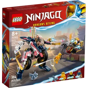 Sora’s Transforming Mech Bike Racer (71792) has everything kids aged 8+ need to recreate fast-paced action from the NINJAGO® Dragons Rising TV series. The playset features a posable mech that can be easily transformed into a souped-up ninja bike armed with golden blades and 2 stud shooters. Best buildable toys for ninja fans The playset comes with 3 minifigures: ninja students Arin and Sora, dragon hunter Rapton and a Baby Riyu dragon model. Arin is armed with a katana and a grappling hook and Sora has 2 katanas. Together they must take on Rapton, who is armed with an Imperium sword and travels on a glider featuring 2 stud shooters. This set will inspire kids to indulge in countless hours of role play with their heroes. A fun digital experience for LEGO fans Let the LEGO Builder app guide you and your child on an easy and intuitive building adventure. Zoom in and rotate models in 3D, save sets and track your progress. LEGO® NINJAGO® mech and bike – Kids aged 8+ can recreate their favorite scenes from the NINJAGO Dragons Rising TV series with Sora’s Transforming Mech Bike Racer (71792) playset 3 minifigures – This building set features an Arin minifigure armed with a katana and a grappling hook, Sora with 2 katanas, and Rapton with an Imperium sword on a glider armed with 2 stud shooters Mech and bike ninja toy – Kids can quickly and easily transform the posable mech into a superfast ninja bike armed with golden blades and 2 stud shooters Ninja dragon – The playset also includes a model of Baby Riyu for kids to role-play exciting stories as the 2 ninja students and Rapton both chase him More ninja action – Look out for Heatwave Transforming Lava Dragon (71793), Lloyd and Arin’s Ninja Team Mechs (71794) and other sets in the LEGO® NINJAGO® range Build and play – This 384-piece playset lets passionate ninja fans aged 8+ enjoy a creative building task before they step into the action-packed world of NINJAGO® Fun gift idea – This LEGO® transforming mech measures over 7.5 in. (19 cm) high, 4.5 in. (11 cm) long and 6 in. (16 cm) wide and can be given to kids as a birthday gift or unexpected treat A new way to build – The LEGO® Builder app guides your youngster on an intuitive building adventure. They can save sets, track progress and zoom in and rotate models in 3D while they build Premium quality – For more than 6 decades, LEGO® bricks have been made to ensure they connect consistently every time Safety assurance – LEGO® building bricks meet stringent global safety standards