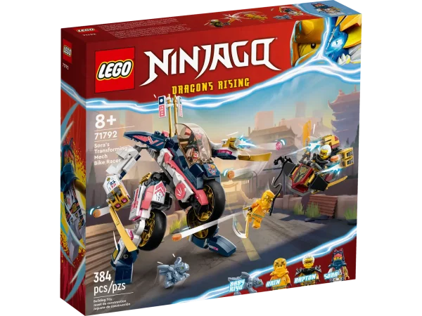 Sora’s Transforming Mech Bike Racer (71792) has everything kids aged 8+ need to recreate fast-paced action from the NINJAGO® Dragons Rising TV series. The playset features a posable mech that can be easily transformed into a souped-up ninja bike armed with golden blades and 2 stud shooters. Best buildable toys for ninja fans The playset comes with 3 minifigures: ninja students Arin and Sora, dragon hunter Rapton and a Baby Riyu dragon model. Arin is armed with a katana and a grappling hook and Sora has 2 katanas. Together they must take on Rapton, who is armed with an Imperium sword and travels on a glider featuring 2 stud shooters. This set will inspire kids to indulge in countless hours of role play with their heroes. A fun digital experience for LEGO fans Let the LEGO Builder app guide you and your child on an easy and intuitive building adventure. Zoom in and rotate models in 3D, save sets and track your progress. LEGO® NINJAGO® mech and bike – Kids aged 8+ can recreate their favorite scenes from the NINJAGO Dragons Rising TV series with Sora’s Transforming Mech Bike Racer (71792) playset 3 minifigures – This building set features an Arin minifigure armed with a katana and a grappling hook, Sora with 2 katanas, and Rapton with an Imperium sword on a glider armed with 2 stud shooters Mech and bike ninja toy – Kids can quickly and easily transform the posable mech into a superfast ninja bike armed with golden blades and 2 stud shooters Ninja dragon – The playset also includes a model of Baby Riyu for kids to role-play exciting stories as the 2 ninja students and Rapton both chase him More ninja action – Look out for Heatwave Transforming Lava Dragon (71793), Lloyd and Arin’s Ninja Team Mechs (71794) and other sets in the LEGO® NINJAGO® range Build and play – This 384-piece playset lets passionate ninja fans aged 8+ enjoy a creative building task before they step into the action-packed world of NINJAGO® Fun gift idea – This LEGO® transforming mech measures over 7.5 in. (19 cm) high, 4.5 in. (11 cm) long and 6 in. (16 cm) wide and can be given to kids as a birthday gift or unexpected treat A new way to build – The LEGO® Builder app guides your youngster on an intuitive building adventure. They can save sets, track progress and zoom in and rotate models in 3D while they build Premium quality – For more than 6 decades, LEGO® bricks have been made to ensure they connect consistently every time Safety assurance – LEGO® building bricks meet stringent global safety standards