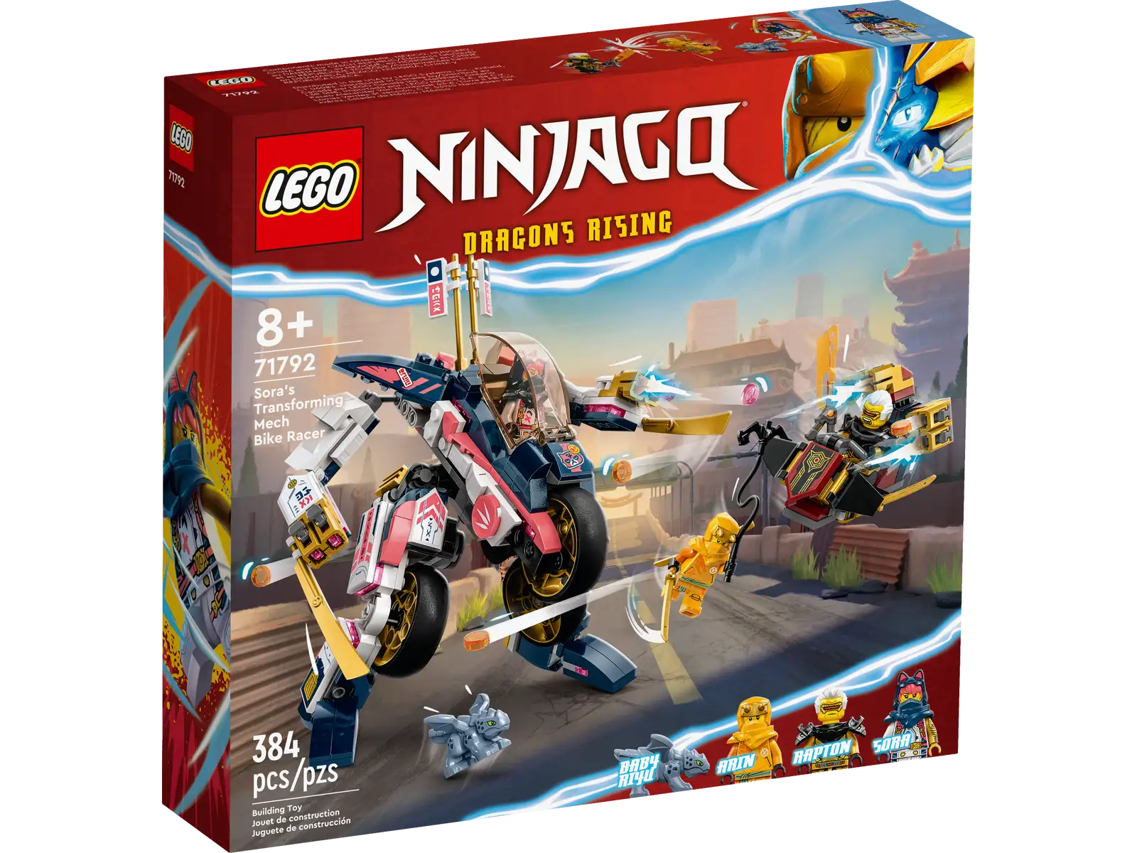 Sora’s Transforming Mech Bike Racer (71792) has everything kids aged 8+ need to recreate fast-paced action from the NINJAGO® Dragons Rising TV series. The playset features a posable mech that can be easily transformed into a souped-up ninja bike armed with golden blades and 2 stud shooters. Best buildable toys for ninja fans The playset comes with 3 minifigures: ninja students Arin and Sora, dragon hunter Rapton and a Baby Riyu dragon model. Arin is armed with a katana and a grappling hook and Sora has 2 katanas. Together they must take on Rapton, who is armed with an Imperium sword and travels on a glider featuring 2 stud shooters. This set will inspire kids to indulge in countless hours of role play with their heroes. A fun digital experience for LEGO fans Let the LEGO Builder app guide you and your child on an easy and intuitive building adventure. Zoom in and rotate models in 3D, save sets and track your progress. LEGO® NINJAGO® mech and bike – Kids aged 8+ can recreate their favorite scenes from the NINJAGO Dragons Rising TV series with Sora’s Transforming Mech Bike Racer (71792) playset 3 minifigures – This building set features an Arin minifigure armed with a katana and a grappling hook, Sora with 2 katanas, and Rapton with an Imperium sword on a glider armed with 2 stud shooters Mech and bike ninja toy – Kids can quickly and easily transform the posable mech into a superfast ninja bike armed with golden blades and 2 stud shooters Ninja dragon – The playset also includes a model of Baby Riyu for kids to role-play exciting stories as the 2 ninja students and Rapton both chase him More ninja action – Look out for Heatwave Transforming Lava Dragon (71793), Lloyd and Arin’s Ninja Team Mechs (71794) and other sets in the LEGO® NINJAGO® range Build and play – This 384-piece playset lets passionate ninja fans aged 8+ enjoy a creative building task before they step into the action-packed world of NINJAGO® Fun gift idea – This LEGO® transforming mech measures over 7.5 in. (19 cm) high, 4.5 in. (11 cm) long and 6 in. (16 cm) wide and can be given to kids as a birthday gift or unexpected treat A new way to build – The LEGO® Builder app guides your youngster on an intuitive building adventure. They can save sets, track progress and zoom in and rotate models in 3D while they build Premium quality – For more than 6 decades, LEGO® bricks have been made to ensure they connect consistently every time Safety assurance – LEGO® building bricks meet stringent global safety standards