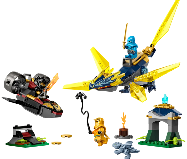 Nya and Arin’s Baby Dragon Battle (71798) playset is the ideal way for kids aged 4+ to learn how to build as they recreate amazing scenes from the NINJAGO® Dragons Rising TV series. The action-packed building set features 2 dragons, a jet plane and a hideout cave with energy crystals, plus 3 minifigures to inspire countless hours of gripping role play. Beginner LEGO® set teaches kids how to build The LEGO NINJAGO playset has been specially designed to give kids aged 4+ a great build-and-play experience. Inside the box, each bag of bricks has a model and a character to build so kids can get the action underway quickly. There is also a Starter Brick that provides a partly constructed base to get kids building. A fun digital experience for little LEGO builders Let the LEGO Builder app guide you and your child on an easy and intuitive building adventure. Zoom in and rotate models in 3D, save sets and track your progress. Beginner LEGO® set – Kids aged 4+ can recreate scenes from the NINJAGO® Dragons Rising TV series as they learn to build with the Nya and Arin’s Baby Dragon Battle (71798) playset 3 minifigures – Includes Nya with a sword and a chicken bone for Baby Riyu, Arin with a sword and grappling hook, and the Imperium Claw General with a sword 2 dragons – The energy dragon has a posable head, wings and tail and a saddle for a minifigure, while Baby Riyu comes with a hideout cave with energy crystals A gift for kids aged 4+ – This playset offers passionate ninja fans countless ways to enjoy adventures with their ninja heroes On the go – The energy dragon measures over 5 in. (13 cm) high, 10 in. (25 cm) long and 9 in. (23 cm) wide to let kids enjoy fun with the playset wherever they go A new way to build – The LEGO® Builder app guides kids on an intuitive building adventure. They can save sets, track their progress and zoom in and rotate models in 3D while they build Introduction to building with LEGO® bricks – 4+ playsets help youngsters learn how to build, while allowing the rest of the family to share the fun High quality – For more than 6 decades, LEGO® bricks have been made to ensure they connect consistently every time Always in safe hands – LEGO® building bricks meet stringent global safety standards