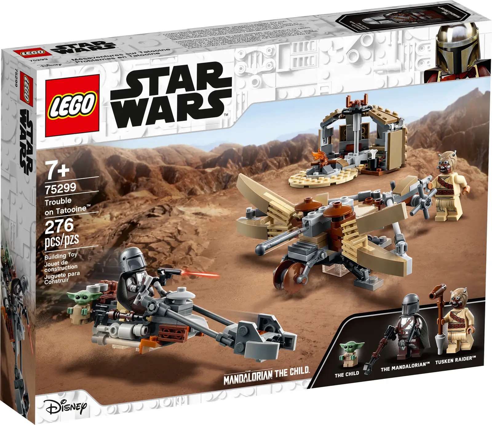 Children will love teaming up with The Mandalorian and a Tusken Raider for desert missions with this LEGO® Star Wars™ Trouble on Tatooine set (75299). It features The Mandalorian’s speeder bike with a LEGO minifigure seat and saddlebag for the Child to sit in, plus a buildable Tusken hut and a new-for-January-2021, missile-shooting ballista for the Tusken Raider. Role-play action This awesome kids’ building toy includes The Mandalorian and Tusken Raider LEGO minifigures, a LEGO figure of the Child (affectionately known as Baby Yoda), plus cool weapons to inspire hours of role-play fun. A great gift idea for young Star Wars: The Mandalorian fans, it comes with clear instructions so even LEGO first-timers can enjoy the building experience. Galaxy of delights Since 1999, the LEGO Group has been recreating iconic starships, vehicles, locations and characters from the Star Wars universe. LEGO Star Wars has become its most successful theme with a huge variety of sets to excite fans of all ages. Kids can recreate scenes from Star Wars: The Mandalorian Season 2 and play out their own speeder-bike-riding, missile-shooting battle stories with this Trouble on Tatooine (75299) building toy. Includes The Mandalorian and Tusken Raider LEGO® minifigures, each with weapons for role-play battles, plus a LEGO figure of the Child (the popular character affectionately known as Baby Yoda). The speeder has a LEGO® minifigure seat and saddlebag for the Child to sit in. The set also features a buildable Tusken hut hideout and spring-loaded, missile-shooting ballista for the Tusken Raider. Great for solo building and play or for sharing the fun with friends, this awesome construction toy makes the best birthday present, holiday gift or surprise treat for creative kids aged 7 and up. The speeder measures over 1.5 in. (3 cm) high, 5 in. (13 cm) long and 1.5 in. (3 cm) wide, and this complete set combines brilliantly with other LEGO® Star Wars™ buildable playsets for creative play. Thinking of buying this 277-piece set for a newcomer to LEGO® building? No worries. It comes with easy-to-follow illustrated instructions so they can build with confidence. There are LEGO® Star Wars™ sets to thrill fans of all ages, whether they want to recreate famous scenes, role-play their own stories or just build and display the authentic construction models. LEGO® components meet the highest industry standards to ensure they are consistent and compatible for a simple, strong connection every time – it’s been that way since 1958. LEGO® bricks and pieces are tested to the max to make sure they meet stringent safety standards.
