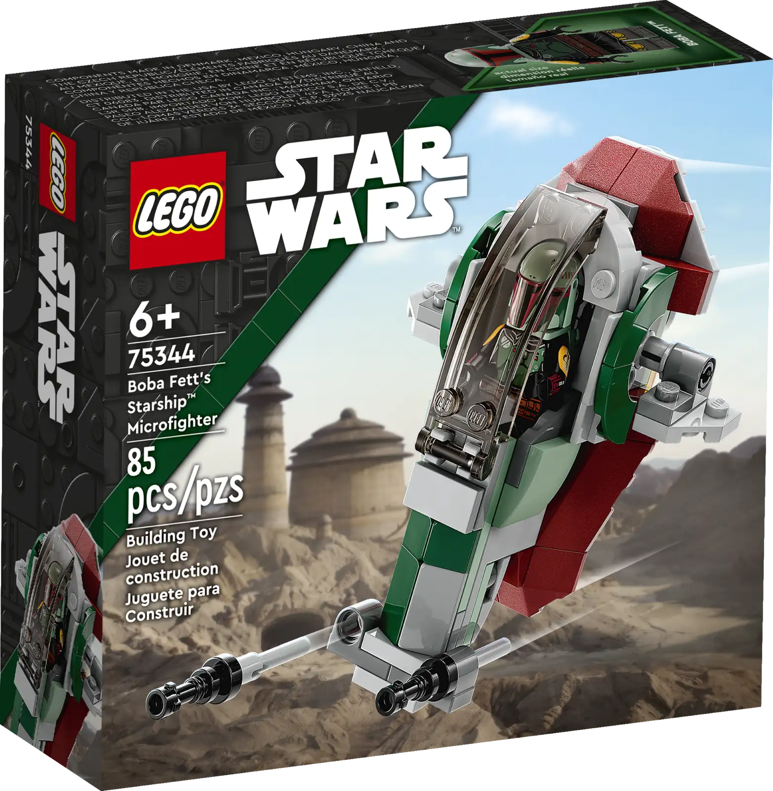 Give kids a cool introduction to LEGO® Star Wars™ building toys with Boba Fett’s Starship Microfighter (75344) for ages 6 and up. This microscale LEGO brick version of the iconic starship, as seen in the classic Star Wars saga, Star Wars: The Mandalorian and Star Wars: The Book of Boba Fett, features 2 flick shooters for attacking enemy starfighters and adjustable wings for flight and landing. The included LEGO minifigure of Boba Fett, which comes with a blaster and a jetpack accessory element, fits inside the opening cockpit. LEGO Builder app Add an extra dimension to your youngster’s fun, creative experience with the LEGO Builder app, featuring instructions and interactive zoom and rotate viewing tools to help them build with confidence. Galaxy of adventures The LEGO Group has been recreating starships, vehicles, locations and characters from the Star Wars universe since 1999, and there is a huge variety of sets that make super gifts for fans of all ages. Quick-build LEGO® Star Wars™ Microfighter (75344) – Young fans can play out Star Wars: The Book of Boba Fett stories with this brick-built, microscale version of Boba Fett’s Starship Set includes a Boba Fett LEGO® minifigure – The LEGO Star Wars™ character Boba Fett has a blaster and jetpack accessory element to inspire creative play Fun features – Boba Fett’s Starship has an opening cockpit with space for the Boba Fett LEGO® minifigure, 2 flick shooters and adjustable wings for flight and landing Microfighter combos – This buildable toy playset combines with other LEGO® Star Wars™ Microfighters to open up even more action-play possibilities Anytime gift idea for ages 6 and up – Give this 85-piece LEGO® Star Wars™ construction toy to kids as a reward, surprise treat, birthday present or holiday gift Play on the go – The Microfighter measures over 2.5 in. (6 cm) high, 3.5 in. (9 cm) long and 3 in. (8 cm) wide. Slip it into a child’s backpack ready for play on their travels Interactive digital building – Want to give your young builder a more awesome building experience? Now you can with the LEGO® Builder app, featuring intuitive zoom and rotate modes Building toys for all ages – LEGO® Star Wars™ sets enable kids and adult Star Wars fans to recreate iconic scenes, role-play their own creative stories or simply display the brick-built models Quality assurance – LEGO® components meet strict industry quality standards to ensure that they connect consistently and securely for robust builds Safety first – LEGO® building bricks and pieces are dropped, heated, crushed, twisted and carefully analyzed to make sure they meet rigorous global safety standards