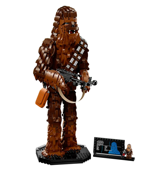 Mark the 40th anniversary of Star Wars: Return of the Jedi by creating a fitting tribute to a legendary Wookiee with this LEGO® Star Wars™ Chewbacca (75371) build-and-display figure. Channel your creative Force to recreate his hairy body in LEGO style and build his bandolier and giant bowcaster. This impressive buildable LEGO figure stands over 18 in. (46 cm) tall and has a built-in display stand. The set also includes a plaque with information about the character, plus a Chewbacca LEGO minifigure with a stud-shooting bowcaster. A rewarding build Find easy-to-follow instructions in the box and on the LEGO Builder app to guide you through every step of the immersive construction process, then display your creation with pride. A galaxy of possibilities It began a long time ago, in a galaxy far, far away. Now the story continues in your own home with collectible LEGO Star Wars sets for adults. Explore the range to discover great holiday or birthday gift ideas for Star Wars fans. Brick-built LEGO® Star Wars™ Chewbacca figure (75371) – Celebrate the 40th anniversary of Star Wars: Return of the Jedi and pay tribute to a heroic Wookiee with this detailed build-and-display model Designed for display – The buildable, non-posable Chewbacca LEGO® figure holds a brick-built bowcaster and has a built-in display stand, plus a plaque with information about the character Includes a Chewbacca LEGO® minifigure – The Chewbacca LEGO minifigure has a stud-shooting bowcaster and can be displayed next to the information plaque Build and collect – This buildable Chewbacca model is part of a collectible series of LEGO® Star Wars™ build-to-display characters including the 75308 R2-D2 Gift idea – Treat yourself or give this 2,319-piece set as a birthday present or holiday gift to adult Star Wars™ fans and collectors Buildable Star Wars™ character designed to make a big visual impact – This LEGO® brick-built Chewbacca figure stands over 18 in. (46 cm) tall Step-by-step instructions – Find illustrated instructions in the box and on the LEGO® Builder app From a galaxy far, far away to your home – Collectible LEGO® Star Wars™ sets for adults are designed for you, the discerning hobbyist who enjoys mindful, creative projects to relax Quality assurance – LEGO® bricks and pieces comply with rigorous industry standards to ensure they connect simply and securely for robust builds Safety compliance – LEGO® components are dropped, heated, crushed, twisted and thoroughly analyzed to make sure they meet stringent global safety standards