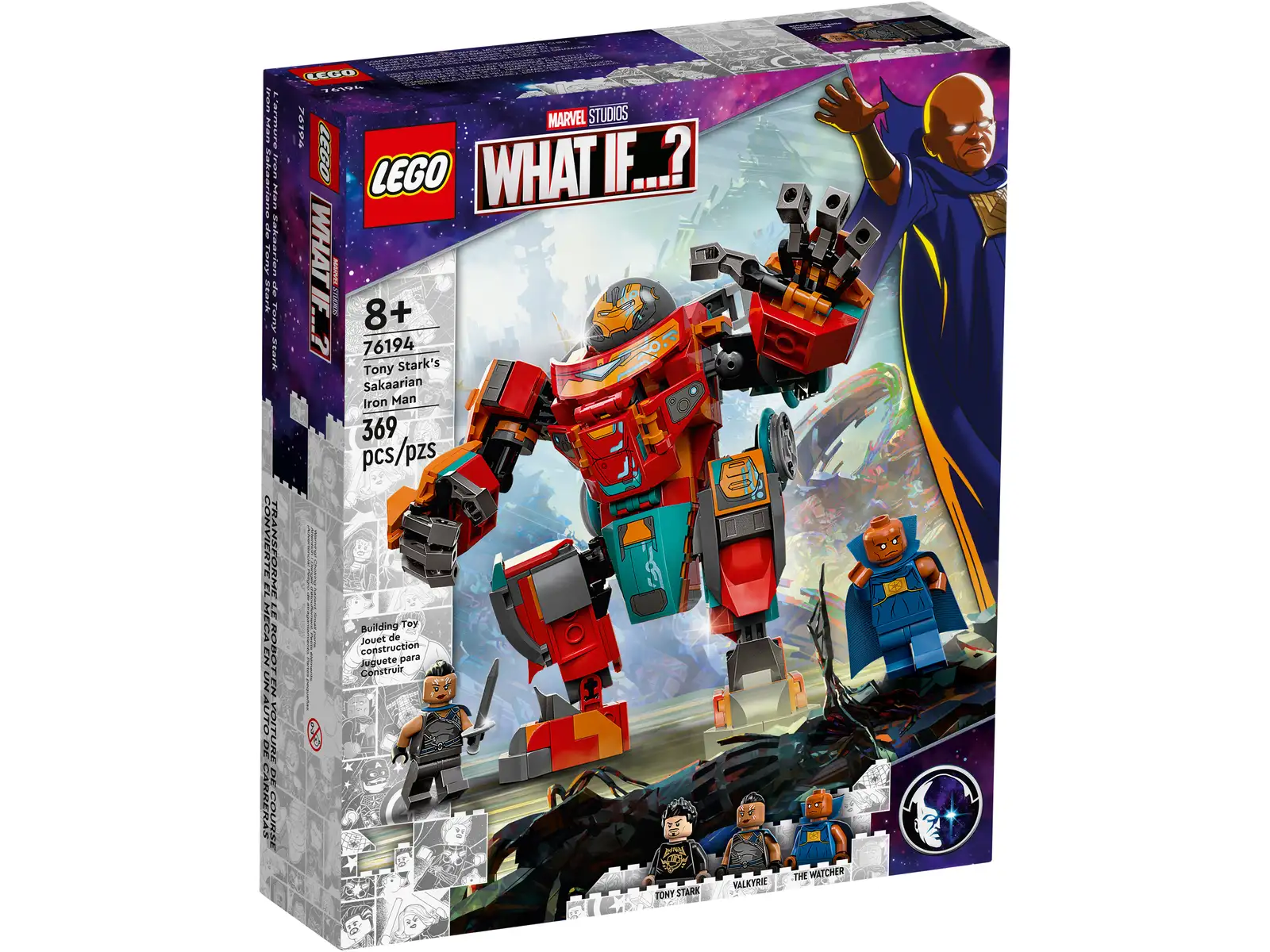 Take Marvel fans to a new dimension of build-and-play, imaginative adventure with LEGO® Marvel Tony Stark’s Sakaarian Iron Man (76194). This landmark LEGO Marvel set lets kids aged 8 and up recreate scenes from the animated Marvel Studios’ What If...? series on Disney+ and explore new stories from the Marvel Cinematic Universe. New stories with iconic Super Hero characters This exciting expansion of the Marvel Cinematic Universe features 3 minifigures – Tony Stark, Valkyrie and The Watcher – and a buildable mech that can also be rebuilt into a powerful-looking car. Kids place the Tony Stark minifigure into the Sakaarian Iron Man mech. This mechanical giant is highly posable, allowing kids to twist and turn the mech as it advances into Super Hero action. When there’s a need for speed, kids rebuild the mighty mech into a power-packed vehicle and race off for more amazing adventures. This LEGO® Marvel Tony Stark’s Sakaarian Iron Man (76194) set brings Marvel Studios’ What If...? TV series to life and takes kids to a new dimension of build-and-play, imaginative adventures. Includes Tony Stark, Valkyrie and The Watcher minifigures, plus a buildable mech that can also be rebuilt into a powerful-looking vehicle. Kids place the Tony Stark minifigure into the highly posable Sakaarian Iron Man mech ready for Super Hero action. When there’s a need for speed, the mech can berebuilt into a power-packed car. Put kids aged 8+ who love Marvel Studios’ What If...? , on Disney+, and the Marvel films at the center of the latest Super Hero action with the terrifically transformable Sakaarian Iron Man mech. The posable mech stands over 5 in. (15 cm) tall and rebuilds into a Tony Stark-style race car. There are more LEGO® Marvel mechs for kids to collect and combine to bring Super Hero movie action to life and inspire never-ending imaginative stories of their own. LEGO® components meet stringent industry standards to ensure they are reliable, compatible and connect and pull apart consistently every time – it’s been that way since 1958. LEGO® components are dropped, heated, crushed, twisted and analyzed to make sure they meet rigorous global safety standards.
