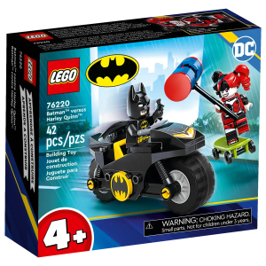 LEGO® DC Batman™ versus Harley Quinn™ (76220) features classic characters, cool vehicles and awesome accessories to engage kids aged 4 and up in shared, developmental play. The best start for young superheroes This action-on-wheels playset features 2 popular characters from the DC Super Hero movies: Batman riding his powerful Batcycle™ and Harley Quinn riding her skateboard, with an oversized mallet in her hand. LEGO 4+ sets are packed with engaging details to give youngsters the best play experience. Inside the box, each bag of bricks contains a complete model and character that kids can assemble for play right away. A large motorcycle Starter Brick is included to kick-start the construction, and intuitive instructions are provided in the form of a colorful picture-story guide. Great fun for families 4+ sets are the perfect way for adults to share the building fun with youngsters, whether they are a seasoned LEGO fan or are experiencing LEGO bricks for the first time. Super Hero fun for kids aged 4 and up – LEGO® DC Batman™ versus Harley Quinn™ (76220) is packed with features designed especially with youngsters aged 4 and up in mind Iconic characters – Includes Batman™ with his Batcycle™ and Batarang™ and Harley Quinn™ with her skateboard, hammer and dynamite. A Starter Brick gets kids building and playing without delay Action-on-wheels – The Caped Crusader™ and the skateboarding Super Villain clash in endless imaginative Super Hero battles Gift for budding superheroes – This LEGO® 4+ set has a Starter Brick motorcycle chassis and simple building steps to strengthen essential developmental skills in kids aged 4 and up Portable fun – The Batcycle™ measures over 1.5 in. (3 cm) high, 3.5 in. (9 cm) long and 1.5 in. (4 cm) wide. Small enough for youngsters to pick up and play with, but big enough for epic adventures Inspire young minds – LEGO® 4+ sets introduce children to a wide universe of movie favorites, TV characters and everyday heroes Quality guaranteed – LEGO® components fulfill stringent industry quality standards to ensure they are consistent, compatible and connect and pull apart easily every time Safety assured – LEGO® components are dropped, heated, crushed, twisted and analyzed to make sure they satisfy rigorous global safety standards
