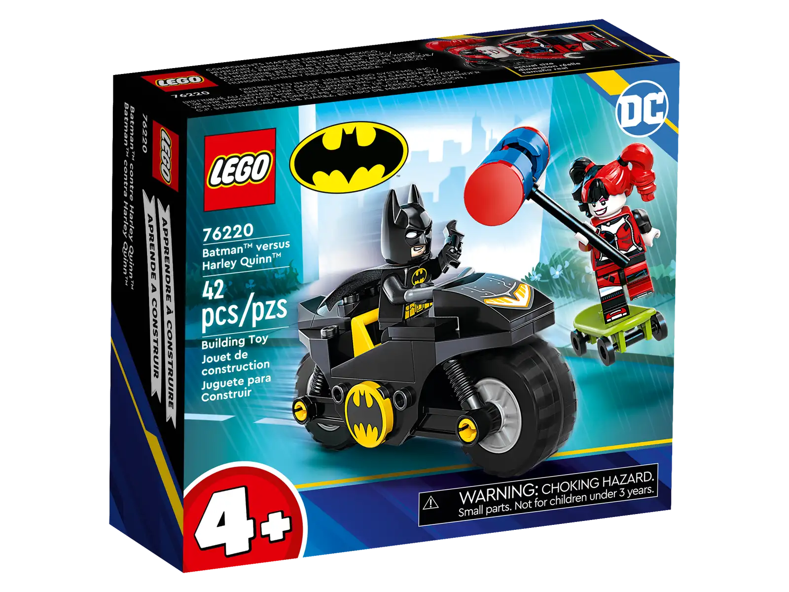 LEGO® DC Batman™ versus Harley Quinn™ (76220) features classic characters, cool vehicles and awesome accessories to engage kids aged 4 and up in shared, developmental play. The best start for young superheroes This action-on-wheels playset features 2 popular characters from the DC Super Hero movies: Batman riding his powerful Batcycle™ and Harley Quinn riding her skateboard, with an oversized mallet in her hand. LEGO 4+ sets are packed with engaging details to give youngsters the best play experience. Inside the box, each bag of bricks contains a complete model and character that kids can assemble for play right away. A large motorcycle Starter Brick is included to kick-start the construction, and intuitive instructions are provided in the form of a colorful picture-story guide. Great fun for families 4+ sets are the perfect way for adults to share the building fun with youngsters, whether they are a seasoned LEGO fan or are experiencing LEGO bricks for the first time. Super Hero fun for kids aged 4 and up – LEGO® DC Batman™ versus Harley Quinn™ (76220) is packed with features designed especially with youngsters aged 4 and up in mind Iconic characters – Includes Batman™ with his Batcycle™ and Batarang™ and Harley Quinn™ with her skateboard, hammer and dynamite. A Starter Brick gets kids building and playing without delay Action-on-wheels – The Caped Crusader™ and the skateboarding Super Villain clash in endless imaginative Super Hero battles Gift for budding superheroes – This LEGO® 4+ set has a Starter Brick motorcycle chassis and simple building steps to strengthen essential developmental skills in kids aged 4 and up Portable fun – The Batcycle™ measures over 1.5 in. (3 cm) high, 3.5 in. (9 cm) long and 1.5 in. (4 cm) wide. Small enough for youngsters to pick up and play with, but big enough for epic adventures Inspire young minds – LEGO® 4+ sets introduce children to a wide universe of movie favorites, TV characters and everyday heroes Quality guaranteed – LEGO® components fulfill stringent industry quality standards to ensure they are consistent, compatible and connect and pull apart easily every time Safety assured – LEGO® components are dropped, heated, crushed, twisted and analyzed to make sure they satisfy rigorous global safety standards