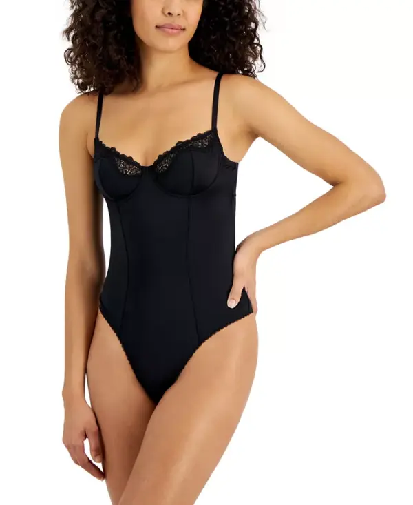 I.N.C. International Concepts® delivers with this sleek micro satin bodysuit designed with delicate lace trim and adjustable straps. Support level: moderate support Coverage: moderate coverage Straps: adjustable straps Cups: underwire cups with lace trim Closure: hook-and-eye closure Created for Macy's Nylon, spandex Hand wash Imported