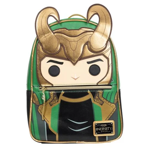 Entertainment Earth Exclusive! The God of Mischief with his horned helmet and scepter! Limited edition Loki Pop! by Loungefly mini-backpack. Based on the 2012 The Avengers movie. Entertainment Earth Exclusive! Kneel before the MCU's God of Mischief! As he was in the 2012 The Avengers film in the Marvel Cinematic Universe, Loki is ready to conquer Earth and claim the Tesseract. Wearing his horned helmet and wielding the Mind Stone within his scepter, he may be unstoppable, even for Earth's mightiest heroes! This limited edition Avengers Loki with Scepter Pop! by Loungefly Mini-Backpack - Entertainment Earth Exclusive is made of faux leather and features top zipper closure and a front zippered pocket, adjustable straps, matching themed lining, shiny gold hardware, and applique and printed details. It measures roughly 11 1/2-inches-tall x 8 1/4-inches wide x 4 1/2-inches deep. This would make a great gift for any Marvel fan, but our exclusives tend to sell out quickly. So, get your order in right now! Ages 15 and up.