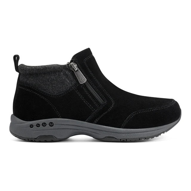 Embrace comfort and casual elegance with the Easy Spirit Women's Tshuffle C shoes. Designed to provide maximum comfort without sacrificing style, these shoes are perfect for everyday wear. Material: Made from high-quality black suede, these shoes offer a sophisticated and timeless look. The soft suede material is both durable and comfortable, adapting well to various casual outfits. Design: The Tshuffle C features a sleek and simple design with a classic round toe. The black suede upper adds a touch of elegance, making these shoes versatile for different occasions, from casual outings to more relaxed work environments. Comfort: With a cushioned insole and padded collar, these shoes provide superior comfort for all-day wear. The soft fabric lining ensures a cozy fit, reducing friction and enhancing overall foot comfort. Outsole: The flexible rubber outsole offers excellent traction and stability, making these shoes suitable for various surfaces. The lightweight construction ensures ease of movement and prevents foot fatigue. Closure: These shoes feature an easy slip-on design with elastic gores, allowing for a snug yet flexible fit. The slip-on style ensures convenience and quick on-and-off wear. Whether you're running errands, heading to a casual gathering, or simply enjoying a day out, the Easy Spirit Women's Tshuffle C shoes in black suede are the perfect choice for combining comfort and style.