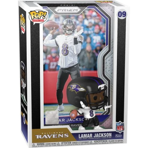This NFL Baltimore Ravens Lamar Jackson Pop! Trading Card Figure #09 includes a Pop! Vinyl Figure of the iconic player, an enlarged backdrop of his Trading Card, and comes packaged in a hard protector case. A perfect center piece to any sport fan's collection! The Funko Pop! Vinyl Figure measures approximately 3 3/4-inches tall.