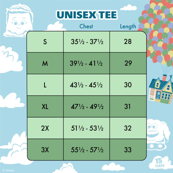 Up, up, and away! Let your adventures take flight with the Loungefly Disney-Pixar Up 15th Anniversary Balloon House Unisex Tee. This sky blue tee shirt features an all-over print of Carl and Ellie’s house as it floats through the clouds. Large bunches of colorful balloons give the house an extra lift, and some of the film’s characters take shape in the clouds. Look closely, and you’ll see Carl, Russel, and Dug, along with a 15th-anniversary logo! This comfortable tee shirt makes a heartwarming addition to any outfit and will keep you looking stylish on all your travels. The Loungefly Disney-Pixar Up 15th Anniversary Balloon House Unisex Tee is made of super soft 100% cotton jersey material. Please note: Patterns will vary with all-over print styles. Not every piece will look identical nor will every piece be an exact match as to what is pictured online. This tee is an officially licensed Disney-Pixar product. Comes in unisex sizes S through 3X. Sizing is very specific, so please consult the size chart before purchasing.