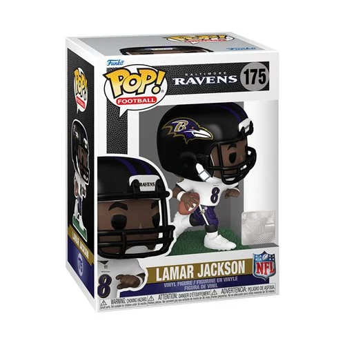 This NFL Baltimore Ravens Lamar Jackson (Away) Pop! Vinyl Figure #175 measures approximately 3 3/4-inches tall. Comes packaged in a window display box.