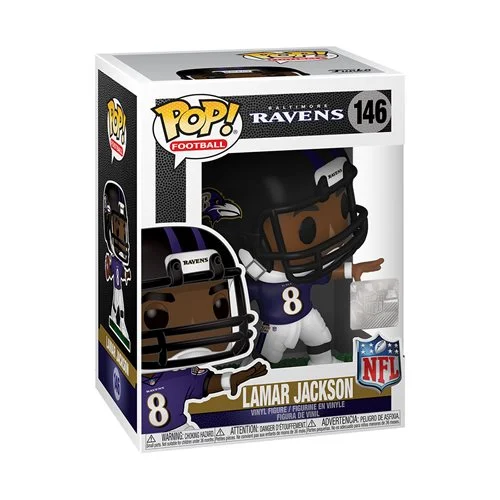 Big stars get small! This NFL Baltimore Ravens Lamar Jackson Pop! Vinyl Figure #146 measures approximately 3 3/4-inches tall. Comes packaged in a window display box. Ages 3 and up