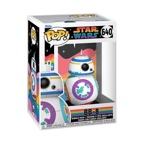 This Star Wars: Pride 2023 BB-8 Pop! Vinyl Figure #640 measures approximately 3 3/4-inches tall. This super-cute Funko Pop! comes packaged in a window display box.