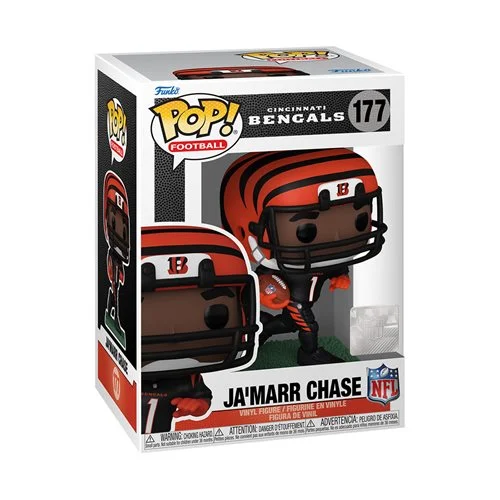 Draft Ja’Marr Chase, known as the wide receiver for the Cincinnati Bengals, in his black and orange uniform for your NFL team! This NFL Bengals Ja'Marr Chase Funko Pop! Vinyl Figure #177 measures approximately 4-inches tall and comes packaged in a window display box. Which team will he and the Bengals play against next? Ages 3 and up.
