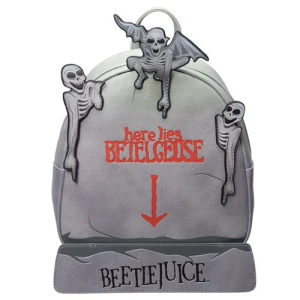 Beetlejuice, Beetlejuice, Beetlejuice! Limited edition exclusive Beetlejuice mini-backpack! Inspired by the 1988 Beetleuice horror comedy film. Features a matching lining, adjustable straps, zipper closure, glow-in-the-dark, and more. Entertainment Earth Exclusive! Make sure you study your Handbook for the Recently Deceased and order this exciting Beetlejuice Tombstone Glow-in-the-Dark Mini-Backpack - Entertainment Earth Exclusive. Inspired by the 1988 Beetlejuice horror comedy film, it's made of faux leather with shiny silver hardware and a top zipper closure, adjustable straps, matching themed lining, appliqued skeletons, deboss, and printed details! This Beetlejuice backapck measures approximately 8 1/2-inches wide x 8 1/2-inches tall x 3 1/2-inches deep. It is perfect for Beetlejuice fans everywhere. Limited edition exclusives like this tend to sell out quickly, so order yours right meow! Ages 8 and up.