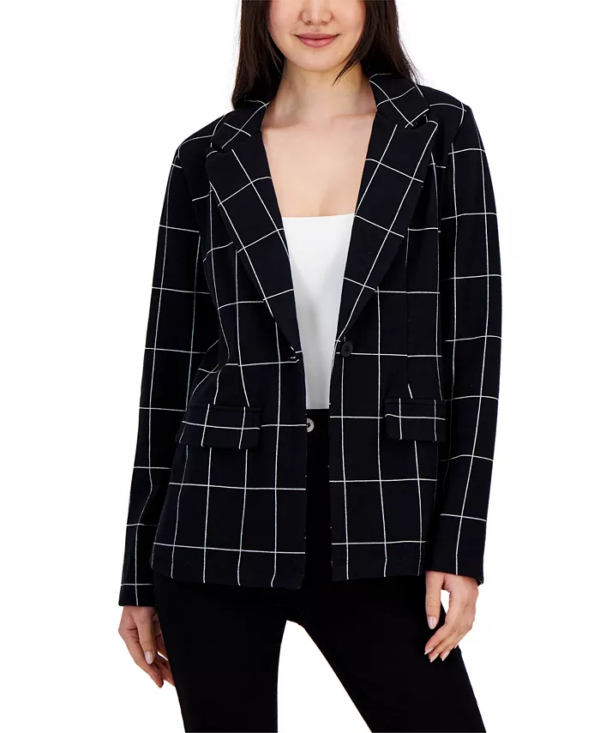 Top off your look in chic style with this timeless button-up plaid juniors' blazer from Self Esteem. Imported Notched lapel; button closures at front Flap pockets at front Unlined