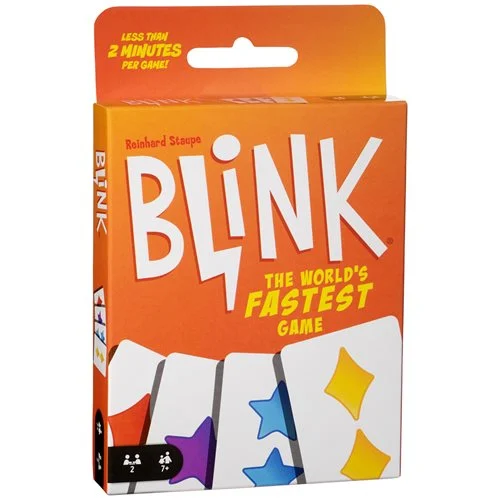 Blink is the lightning-fast game where two players race head-to-head to be the first to play all of their cards! Using sharp eyes and fast hands, players quickly try to match the shape, count or color on the cards. For instance, a card with four yellow stars could be played on any card with yellow (color), or on a card with stars (shape), or on a card with four symbols (count). Don't be fooled by the games' simplicity—your hand and eye coordination will be put to the test! The first player who can rid themselves of all their cards wins. Fast and portable, Blink game is instant fun for everyone! Includes 1 Blink card game with instructions. Colors and decorations may vary. For ages 7 and up.