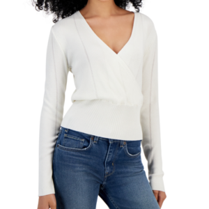 JUNIORS' SURPLICE-NECK RIBBED-HEM SWEATER IN BLIZZARD WHITE A dressed up sweater for the season, this Hippie Rose piece features a wide, fitted hem and romantic surplice neckline. Juniors Juniors' Clothing - Sweaters (new)