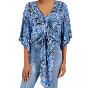JUNIORS' PRINTED TIE-FRONT TOP IN LIGHT BLUE PAISLEY A bit boho-chic and majorly stylish, this Just Polly top features a colorful print, relaxed fit and a tie detail at the front hem. Juniors Juniors' Clothing - Tops