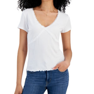 Planet Heart Juniors Lace-Trim V-Neck T-Shirt Bright White L