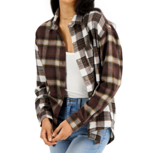 JUNIORS' PLAID BUTTON-DOWN TOP IN BROWN SPLICE Just Polly Juniors' Plaid Button-Down Top Juniors Juniors' Clothing - Tops