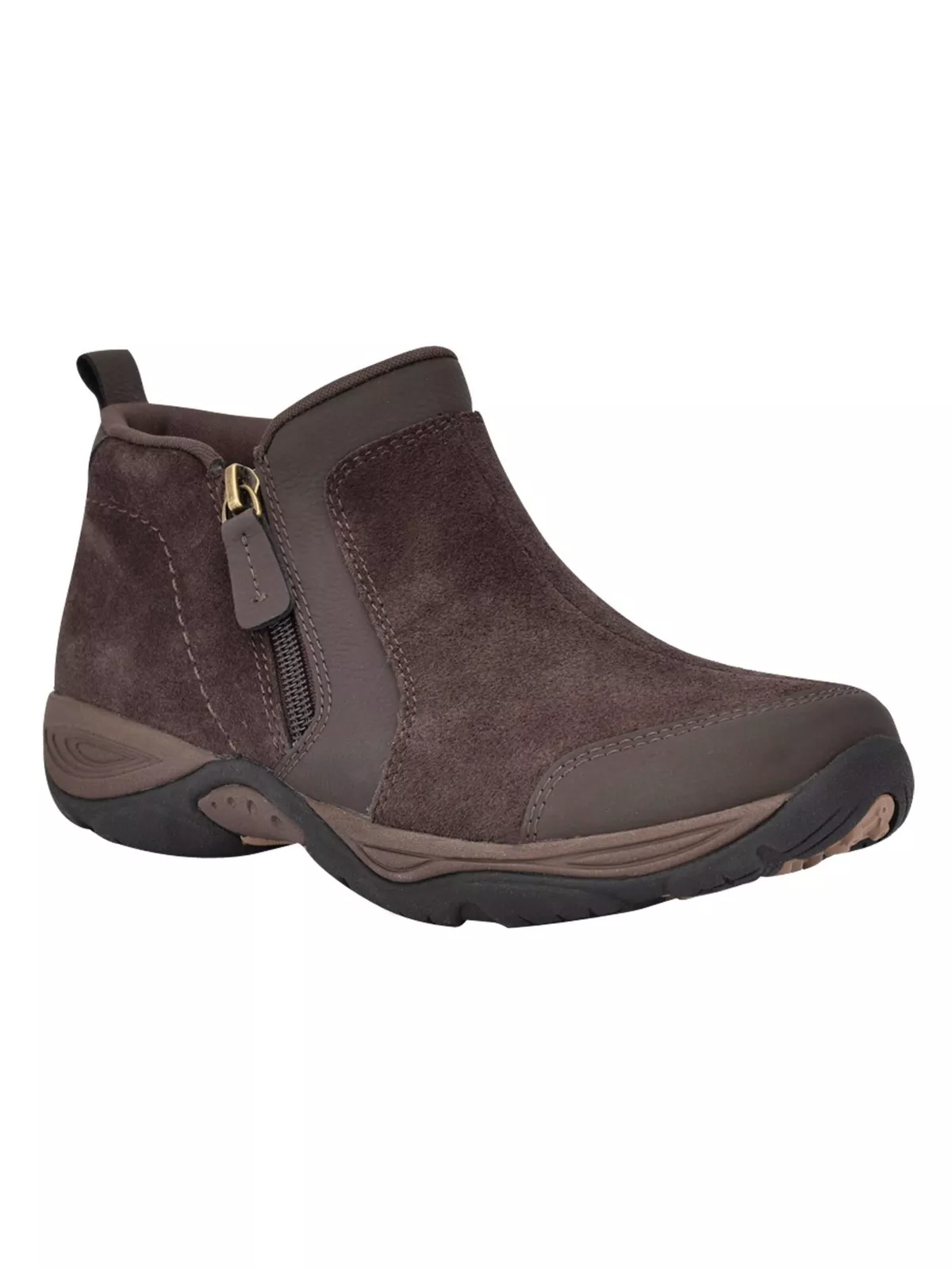 Step into comfort and style with the Easy Spirit Women's Epic Round Boots. These boots are crafted to provide both practicality and fashion, making them perfect for everyday wear. Material: The boots are made from high-quality synthetic leather in a rich chocolate color, offering a luxurious look and feel. Design: Featuring a sleek round toe design, these boots combine classic aesthetics with modern comfort. The simple yet elegant silhouette makes them versatile for various outfits and occasions. Comfort: With a cushioned insole and soft lining, the boots ensure all-day comfort, reducing foot fatigue. The flexible outsole provides excellent traction and stability on different surfaces. Closure: These boots come with an easy pull-on design, eliminating the hassle of laces or zippers and allowing for quick and convenient wear. Heel: The low-stacked heel provides just the right amount of lift without compromising comfort, making these boots suitable for both casual and semi-formal settings. Whether you're heading to work, running errands, or enjoying a casual day out, the Easy Spirit Women's Epic Round Boots in chocolate are a reliable choice for style and comfort.