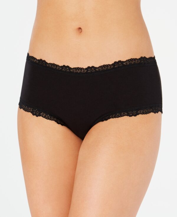 Experience a blend of classic elegance and everyday comfort with the Jenni Cotton Lace Trim Hipster in Classic Black. This hipster-style underwear offers a perfect combination of sophisticated design and exceptional fit, making it a staple in any lingerie collection. Features: Classic Black: The timeless black color adds a touch of elegance and versatility, perfect for any occasion and an essential piece for any wardrobe. Lace Trim: Delicate lace trim along the edges adds a feminine and sophisticated touch while ensuring a soft and gentle feel against the skin. Hipster Cut: The hipster cut provides moderate coverage with a mid-rise fit, sitting comfortably on the hips and offering a flattering silhouette. Soft Cotton Fabric: Crafted from high-quality cotton, this hipster ensures breathability and all-day comfort, making it ideal for everyday wear. Comfortable Waistband: The elastic waistband is designed to stay in place without digging into the skin, providing a secure and comfortable fit that moves with you. Material: Body: 95% Cotton, 5% Spandex Lace: 88% Nylon, 12% Spandex Care Instructions: Machine wash cold with like colors Use only non-chlorine bleach when needed Tumble dry low Do not iron