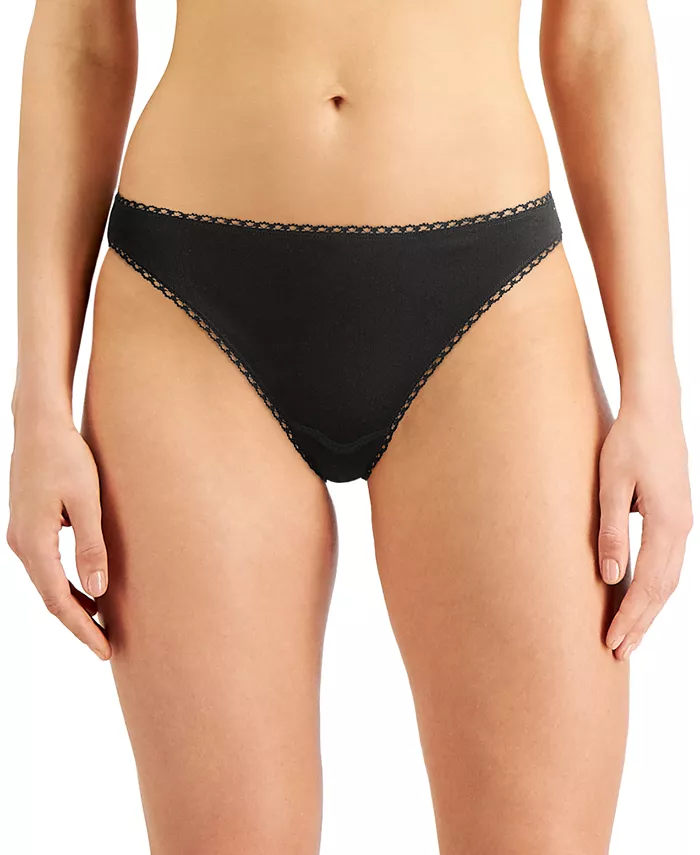Lace trim adds a pretty touch to Charter Club's Everyday Cotton collection in these comfy and classic cotton bikini underwear. Style #100097458 Special Features: Lace trim at waistband and legs Created for Macy's Waistband: Elastic waistband Imported Coverage: Bikini; full back coverage