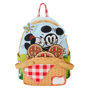 Life’s a picnic when you’re with your pals! Spend a sunny day in the countryside with the Loungefly Mickey and Friends Picnic Mini Backpack. On the front, a woven picnic basket takes shape on the bag’s zipper pocket. Look inside the basket to find a Mickey-shaped pie, which doubles as a strawberry-scented coin bag! Minnie and Mickey appear up above while Donald, Daisy, and Goofy join the fun on the bag’s side pockets. On the back, gingham shoulder straps accompany Pluto as he sizes up a tasty feast. This mini backpack makes a stylish addition to any outing and has plenty of room to pack your picnic essentials. The Loungefly Mickey and Friends Picnic Mini Backpack is made of vegan leather (polyurethane). Bag has adjustable shoulder straps, removeable coin bag (polyurethane), and shiny gold hardware. Additional features include applique, debossed, scented, and printed details. Take note of the coordinating inside lining. This backpack is an officially licensed Disney product. Backpack dimensions: 9”W x 10.5”H x 4.5”D