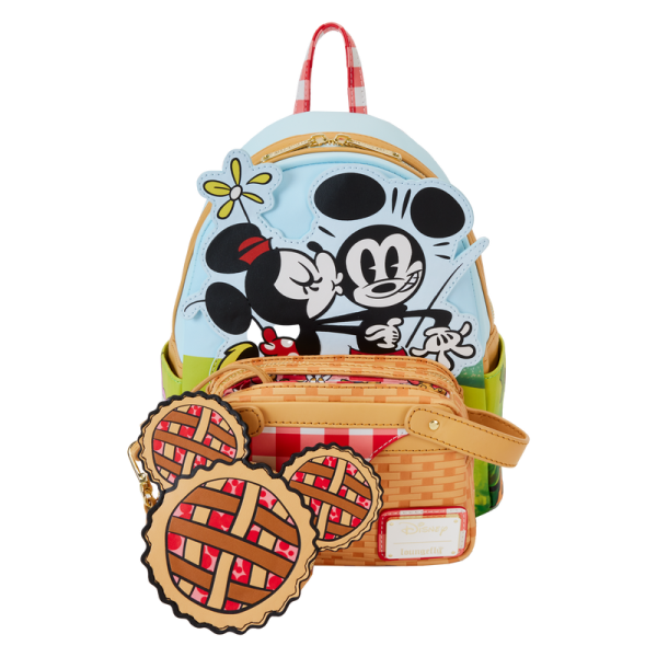 Life’s a picnic when you’re with your pals! Spend a sunny day in the countryside with the Loungefly Mickey and Friends Picnic Mini Backpack. On the front, a woven picnic basket takes shape on the bag’s zipper pocket. Look inside the basket to find a Mickey-shaped pie, which doubles as a strawberry-scented coin bag! Minnie and Mickey appear up above while Donald, Daisy, and Goofy join the fun on the bag’s side pockets. On the back, gingham shoulder straps accompany Pluto as he sizes up a tasty feast. This mini backpack makes a stylish addition to any outing and has plenty of room to pack your picnic essentials. The Loungefly Mickey and Friends Picnic Mini Backpack is made of vegan leather (polyurethane). Bag has adjustable shoulder straps, removeable coin bag (polyurethane), and shiny gold hardware. Additional features include applique, debossed, scented, and printed details. Take note of the coordinating inside lining. This backpack is an officially licensed Disney product. Backpack dimensions: 9”W x 10.5”H x 4.5”D