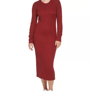 Rock a sleek look with this ultra-chic crewneck dress from Calvin Klein Jeans finished with stylish, zippered side slits. Acrylic Approx. 44-½" long from center back to hem Long sleeves Zipper closure on side slit Crewneck Side slit Imported