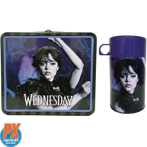 Previews Exclusive! Wednesday Addams is attending the exclusive Nevermore Academy! Surreal Entertainment's retro-styled Wednesday Dance Tin Titans Lunch Box with Thermos - Previews Exclusive features Wednesday entering the dance on its panels and immortalizes the Wednesday's choreography on the sides. It includes a 10oz retro-styled beverage container/soup cup. Limited to 1,750 pieces, don't miss out on adding this lunch box to your Wednesday collection! Lunch box measures 7 3/4-inches long x 6 3/4-inches tall x 4-inches wide. Hand wash only.