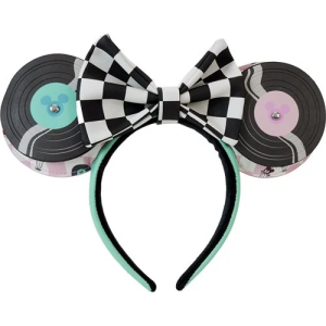 Show off your Disney fandom with this Mickey and Minnie Date Night Diner Records Headband! This faux leather, die-cut headband features a 3D removable bow, applique with printed details, and metal rivets allowing the record ears to spin! For ages 15 and up. All Loungefly items are vegan friendly, unless otherwise noted.