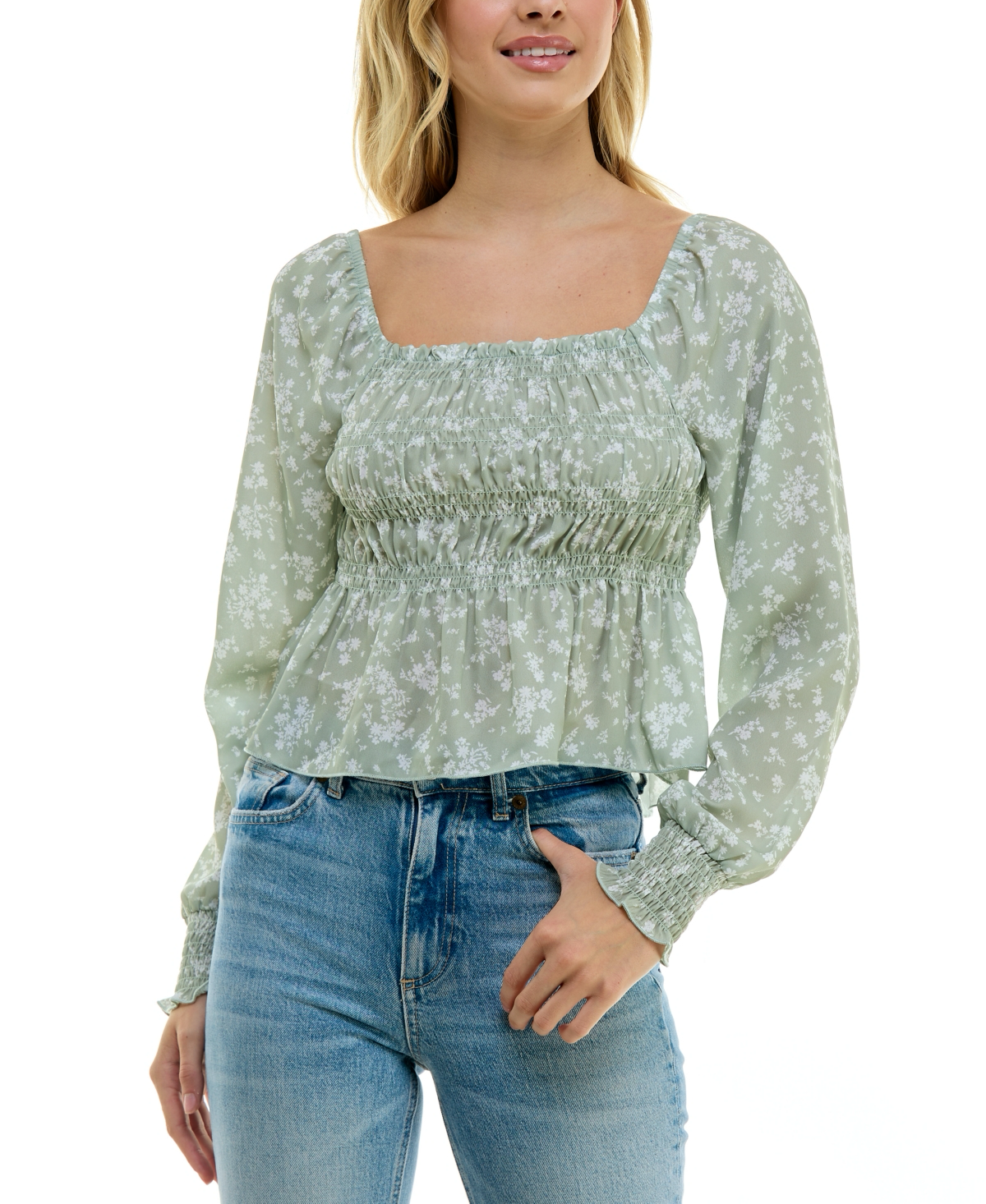 JUNIORS' SMOCKED PEPLUM TOP IN DESERT SAGE Boho-inspiration abounds in this juniors' peplum top from Ultra Flirt. Looks fab with jeans and sandals. Juniors Juniors' Clothing - Tops