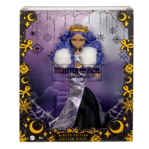 Happy Howlidays! With the Winter Solstice moon glowing bright, Clawdeen Wolf doll is ready to sleigh in an icy lavender gown with spider webs spun in dazzling gold. A fab-boo-lous faux fur boa keeps the winter chill away while crescent moon accessories, including an elegant headpiece, complete her gore-geous look. Displayable packaging makes this collectible Monster High doll a perfect gift! Fully articulated. Doll stand included. Doll cannot stand alone. Colors and decorations may vary. For ages 6 and up.