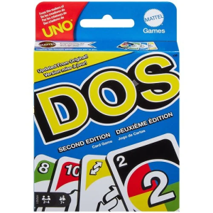 The UNO Card Game has a new best friend, DOS! In this fun card game, two is more important than one, and number matching is king! Just like UNO, DOS involves a race to be the first to get rid of your cards. To start, there are two discard piles between the players. On each player's turn they can discard on either pile with either one or two cards. If a player has two cards that add up to the number of a card in the center pile, they are able to put down both cards. When you're down to two cards, don't forget to yell "DOS"! The first person to 200 points is the winner! This DOS Card Game includes a 108-card deck and instructions. Measures approximately 6-inches tall x 4-inches wide. Perfect for 2-4 players. Ages 7 and up.