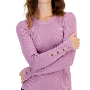 Hooked Up by IOT Juniors Crewneck Button-Sleeve Dull Mauve S