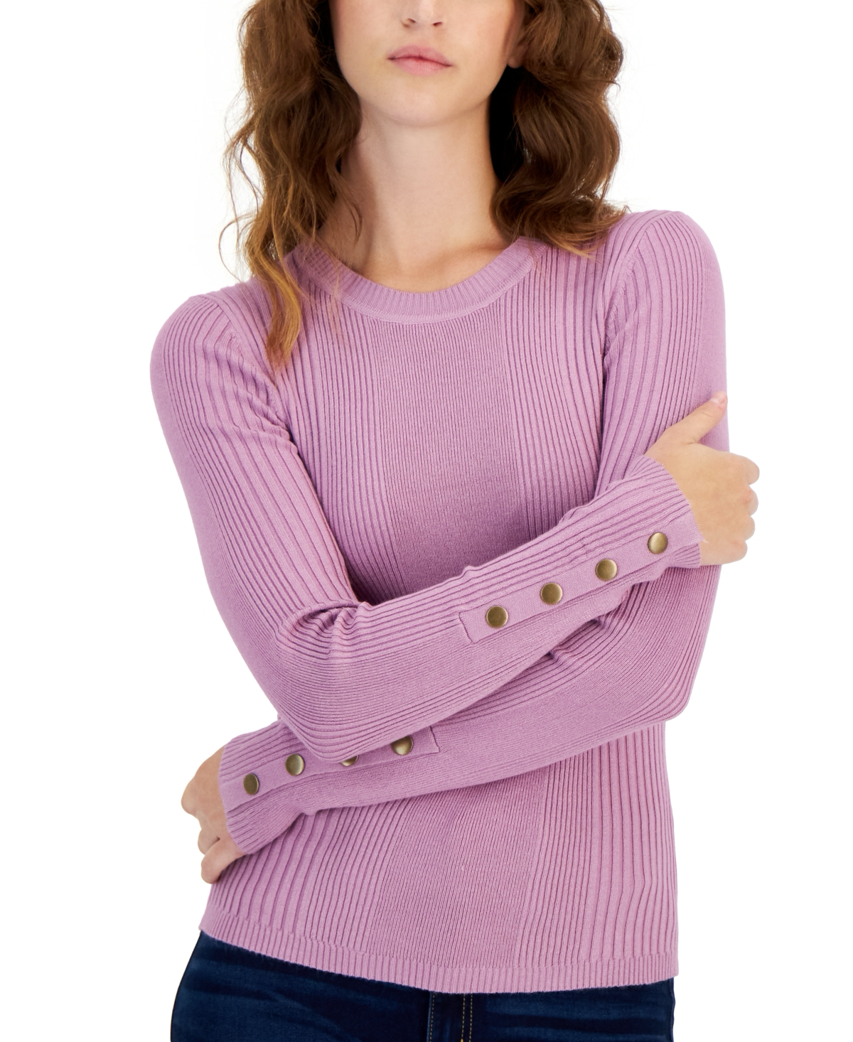 Hooked Up by IOT Juniors Crewneck Button-Sleeve Dull Mauve S