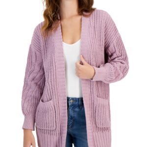 JUNIORS' COZY CHENILLE CABLE-KNIT CARDIGAN SWEATER IN DUSTY LILAC Hippie Rose gives you layerable style with this open-front, cable-knit cardigan sweater.