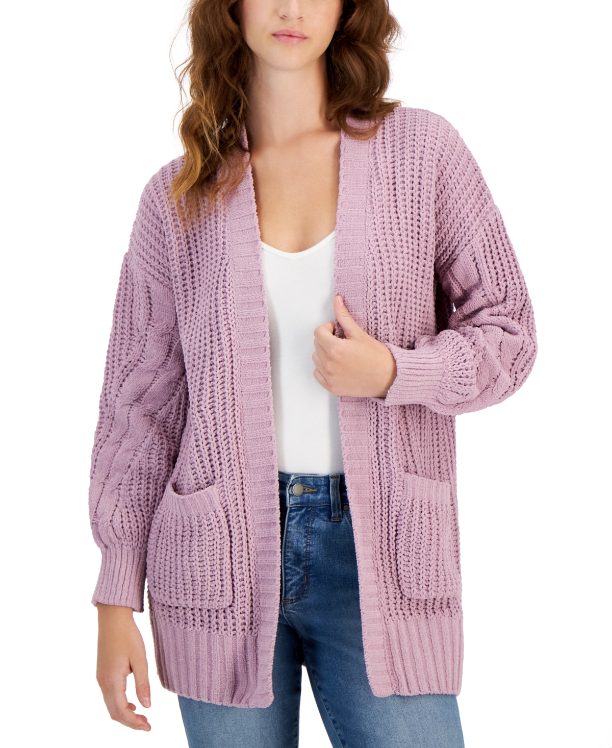 JUNIORS' COZY CHENILLE CABLE-KNIT CARDIGAN SWEATER IN DUSTY LILAC Hippie Rose gives you layerable style with this open-front, cable-knit cardigan sweater.