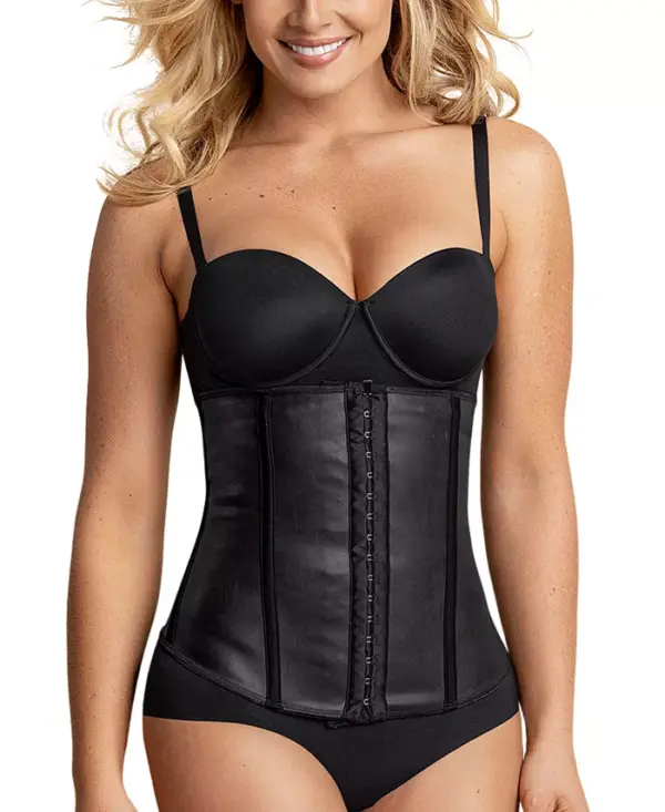 This latex waist trainer has extra-firm compression. The materials it's made of are much lighter than average, making it easier to wear without losing any of its sculpting power. It's made of thermafused fabrics. 3-level adjustable front hook-and-eye closure lets you track your progress 2 bonings in the front and 2 in the back for structure A single hook at the top of the front closure keeps it all together An extra-firm compression waist trainer made of super-light, comfortable latex Soft inner fabric layer protects your skin from latex and the metal hook-and-eye closure Imported Open bust: wear your own bra