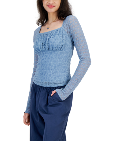 JUNIORS' LACE SQUARE-NECK SHEER-SLEEVE TOP IN FADED DENIM Think of everything you can do with this lace top from Self Esteem. Make it paradoxically casual with cargo pants or really dress it up with a pretty mini. Juniors Juniors' Clothing - Tops (new)