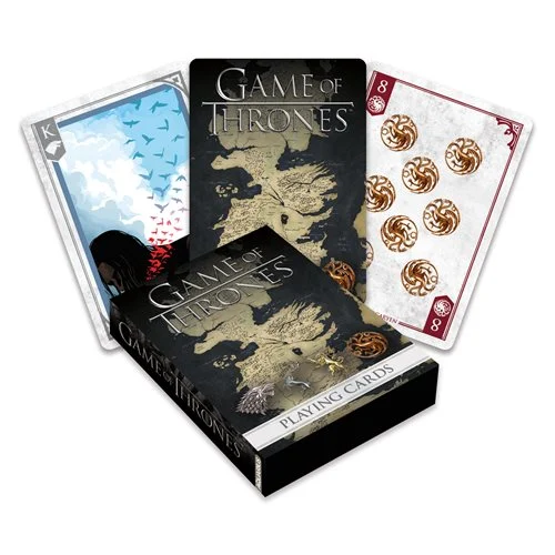 From Solitaire to a satisfying game of Go Fish, these are just the cards for you! Play your favorite games with the Games Of Thrones Playing Cards. The nifty cards measure approximately 2 1/2-inches x 3 1/2-inches with a linen type finish. Ages 14 and up.