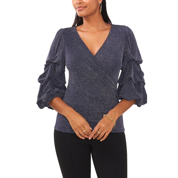 Take your holiday look to the next level with this Womens MSK glitter balloon sleeve blouse featuring a 3/4 balloon tiered sleeve and a v-neckline. Materials: 86% Nylon, 9% Metal, 5% Spandex Do not bleach, Cool iron on the reverse side if needed Care: Hand Wash, Line Dry Material: Metal, Nylon, Spandex