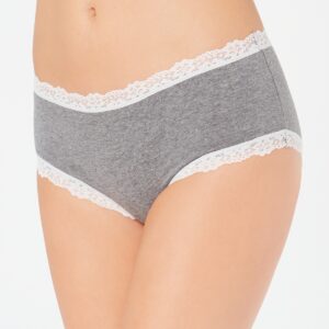 Elevate your everyday comfort and style with the Jenni Cotton Lace Trim Hipster in Pewter Heather Gray. Designed for the modern woman, this hipster-style underwear combines a chic look with unparalleled comfort, making it a must-have addition to your lingerie collection. Features: Pewter Heather Gray: The sophisticated pewter heather gray color offers a versatile and timeless appeal, perfect for any occasion. Lace Trim: Elegant lace trim along the edges adds a touch of femininity and sophistication, while providing a soft and smooth feel against your skin. Hipster Cut: The hipster cut offers moderate coverage with a mid-rise fit, ensuring it sits comfortably on the hips and provides a flattering silhouette. Soft Cotton Fabric: Crafted from high-quality cotton, this hipster ensures breathability and comfort throughout the day, ideal for everyday wear. Comfortable Waistband: The elastic waistband is designed for a secure and comfortable fit, moving with you for all-day ease. Material: Body: 95% Cotton, 5% Spandex Lace: 88% Nylon, 12% Spandex Care Instructions: Machine wash cold with similar colors Use only non-chlorine bleach when needed Tumble dry low Do not iron