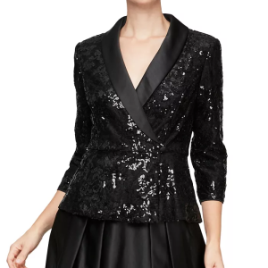 Stepping up the luxe of a tux-inspired look, gleaming sequins and a glossy satin collar make this Alex Evenings petite top a fine design for a festive party. Peplum hem V-neck with satin collar; button closure at side front 3/4-sleeves Imported XS=0P-2P, S=2P-4P, M=6P-8P, L=10P-12P, XL=14P-16P Sequins may shed during wear Sequin fabric: Shine and sparkle