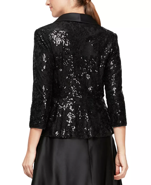 Stepping up the luxe of a tux-inspired look, gleaming sequins and a glossy satin collar make this Alex Evenings petite top a fine design for a festive party. Peplum hem V-neck with satin collar; button closure at side front 3/4-sleeves Imported XS=0P-2P, S=2P-4P, M=6P-8P, L=10P-12P, XL=14P-16P Sequins may shed during wear Sequin fabric: Shine and sparkle